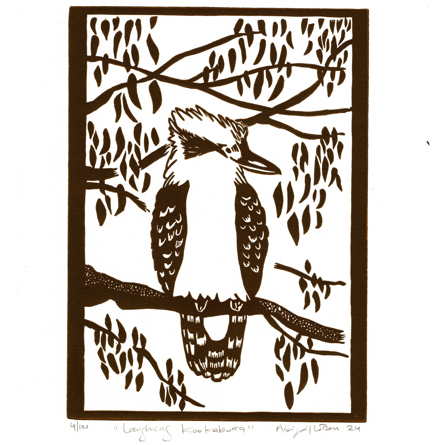 Handprinted linocut print of a laughing kookaburra, vibrant and detailed.
