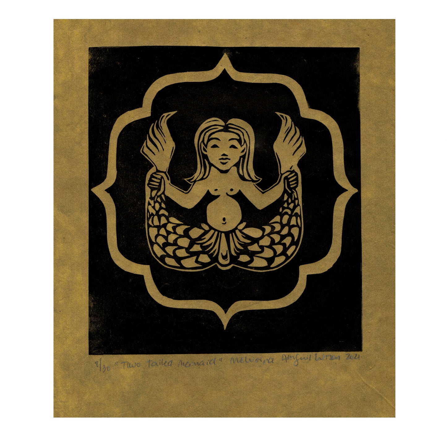 Melusina, Double Tailed Mermaid - Limited Edition Handprinted Linocut