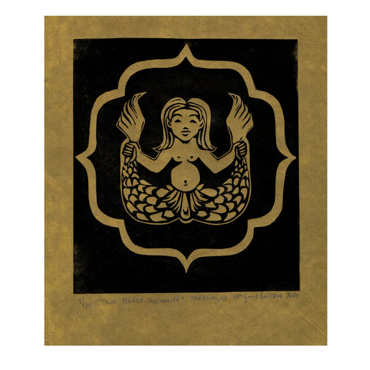 Melusina, Double Tailed Mermaid - Limited Edition Handprinted Linocut