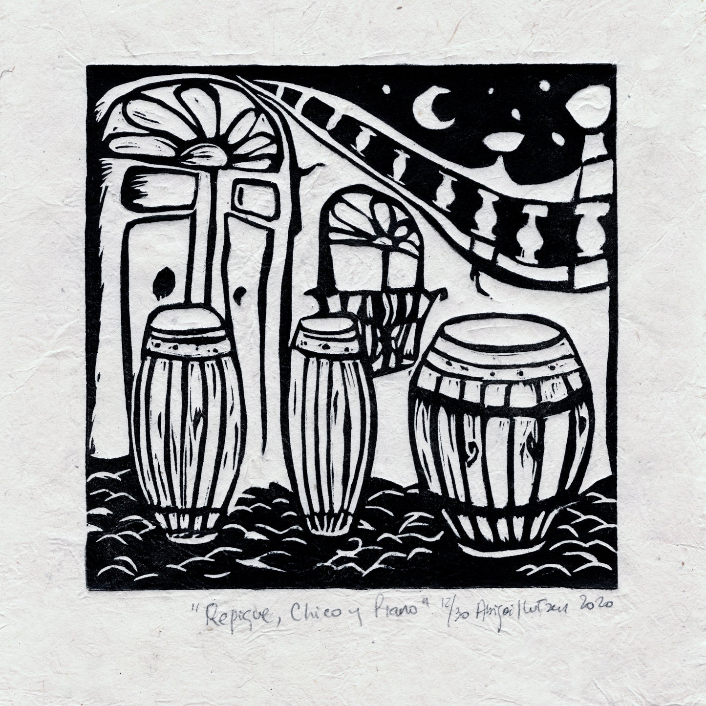 Repique, Chico, Piano - Limited Edition Handprinted Linocut
