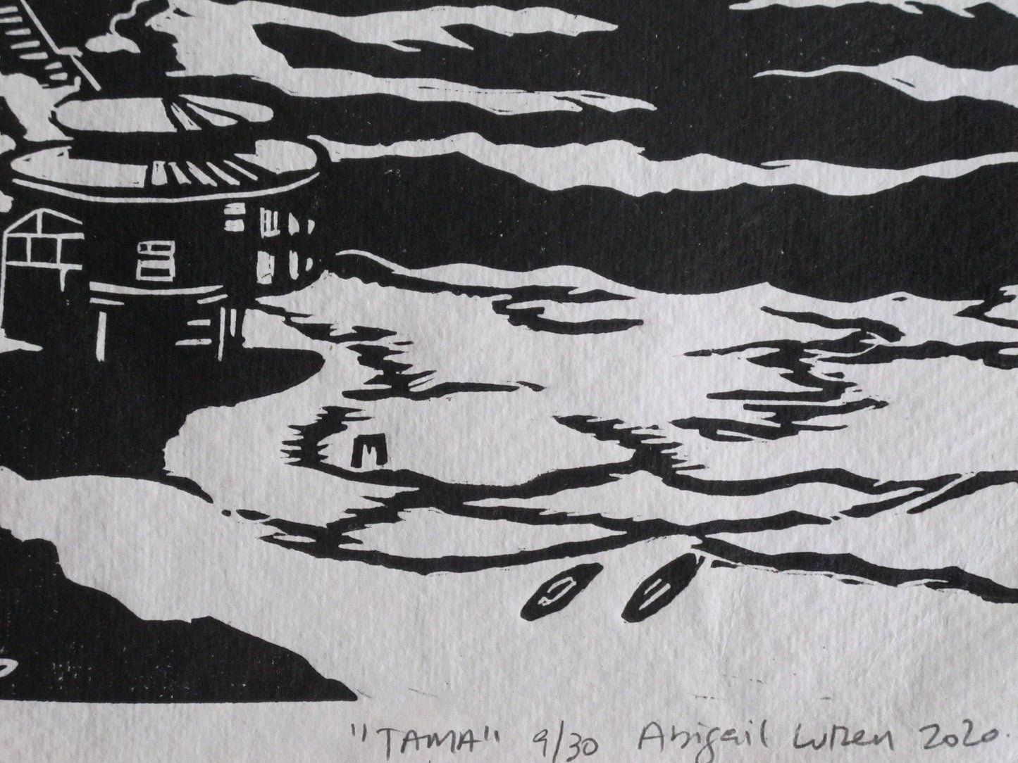 Tamarama Beach, Landscape Print, Seaview, Linocut print, Original Work, Handmade Print, Gift, Black, Colour, Limited Edition, Signed.