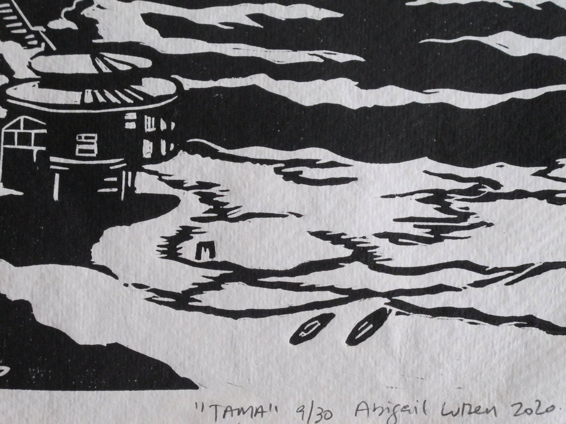 Tamarama Beach, Landscape Print, Seaview, Linocut print, Original Work, Handmade Print, Gift, Black, Colour, Limited Edition, Signed.
