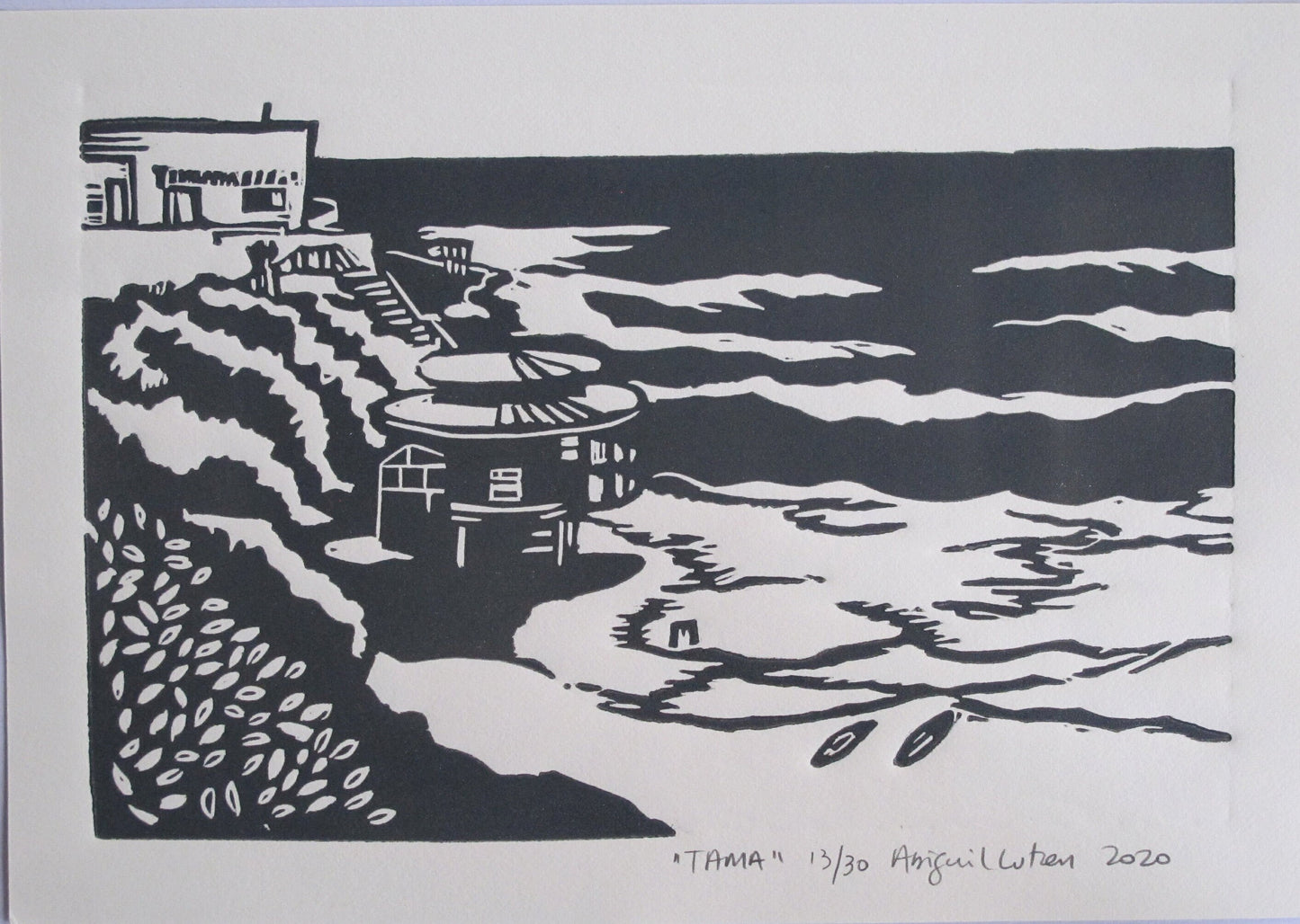 Tamarama Beach, Landscape Print, Seaview, Linocut print, Original Work, Handmade Print, Gift, Black, Colour, Limited Edition, Signed.