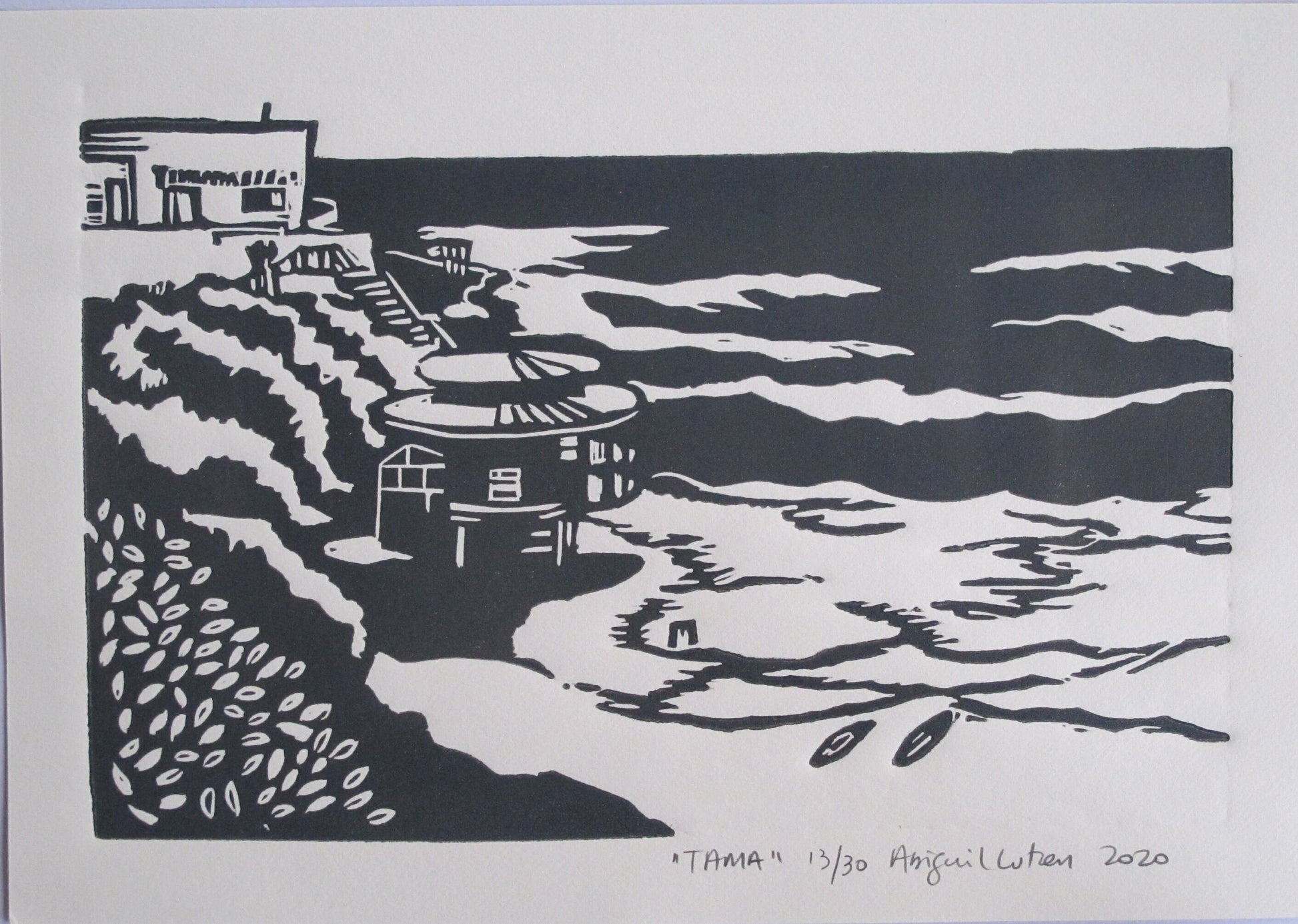 Tamarama Beach, Landscape Print, Seaview, Linocut print, Original Work, Handmade Print, Gift, Black, Colour, Limited Edition, Signed.