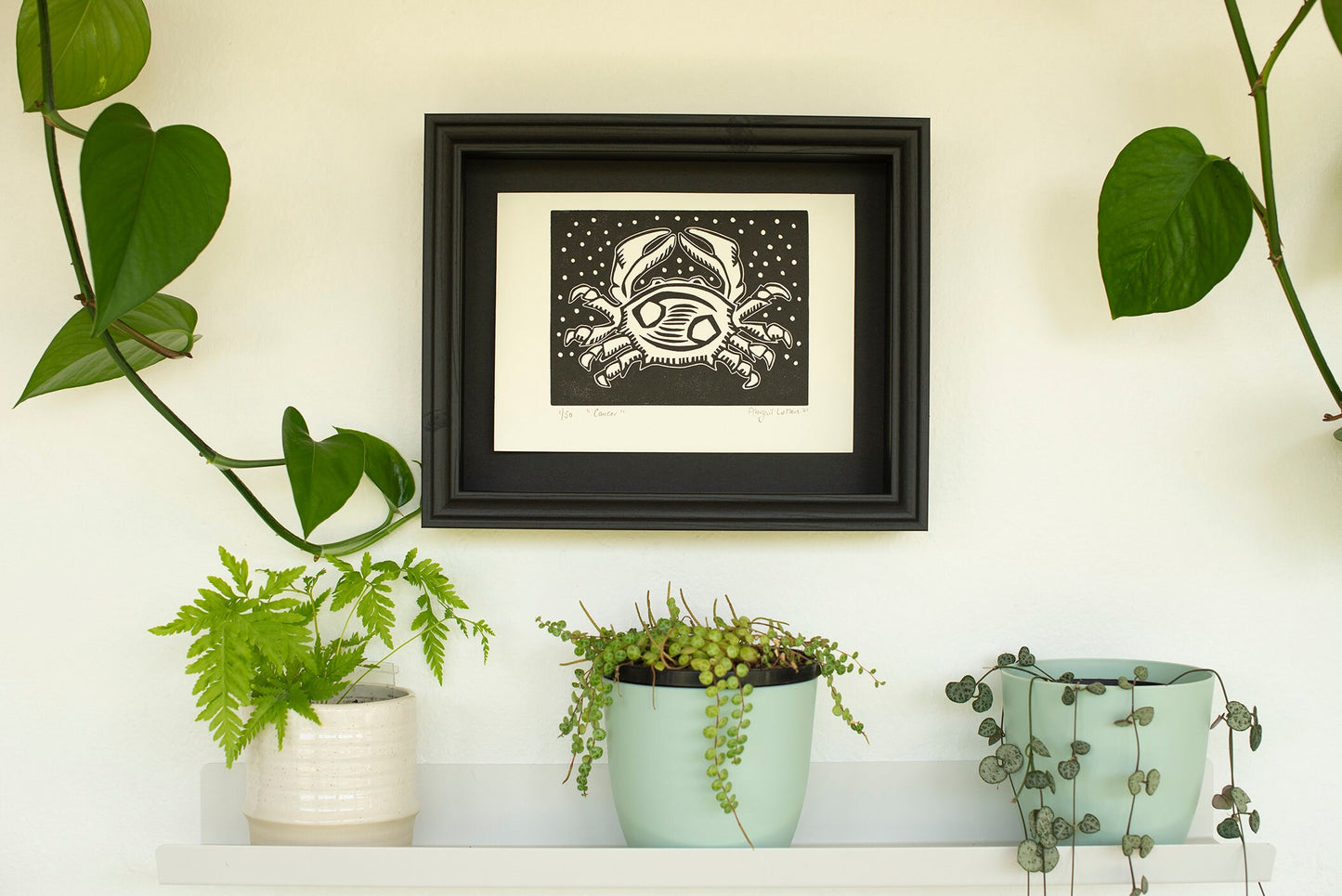 Limited edition linocut print 'Cancer', depicting a stylized crab representing the Cancer zodiac sign. Framed.