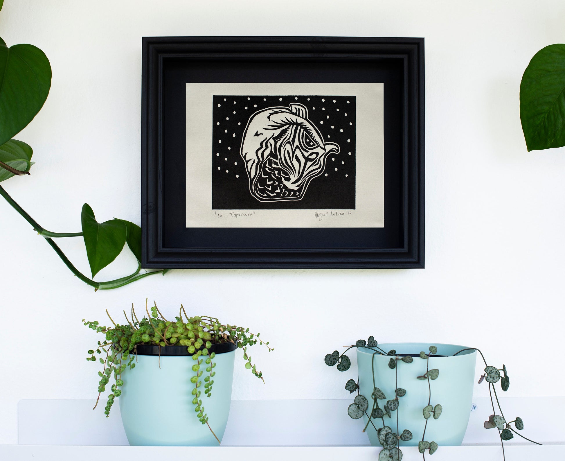 Capricorn Print, Zodiac, Horoscope, Linocut Print, Original Work, Star signs, Black and White, Limited Edition, Signed, Celestial, Art, Gift