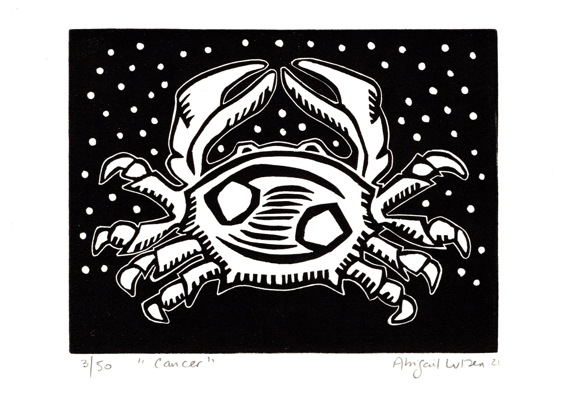 Limited edition linocut print 'Cancer', depicting a stylized crab representing the Cancer zodiac sign