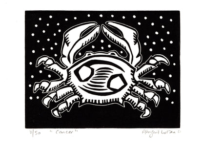 Limited edition linocut print 'Cancer', depicting a stylized crab representing the Cancer zodiac sign