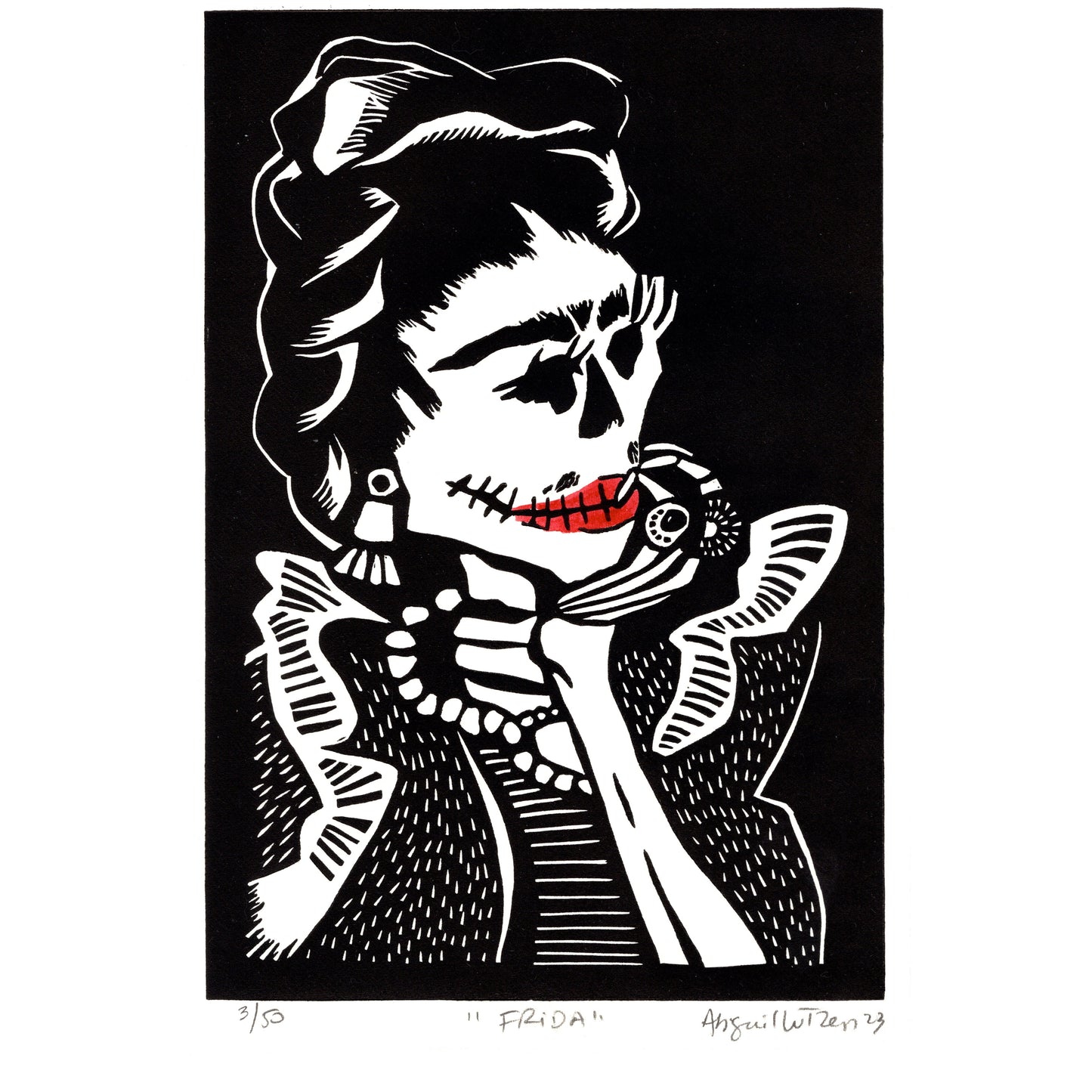 Frida linocut print by Abigail Lutzen