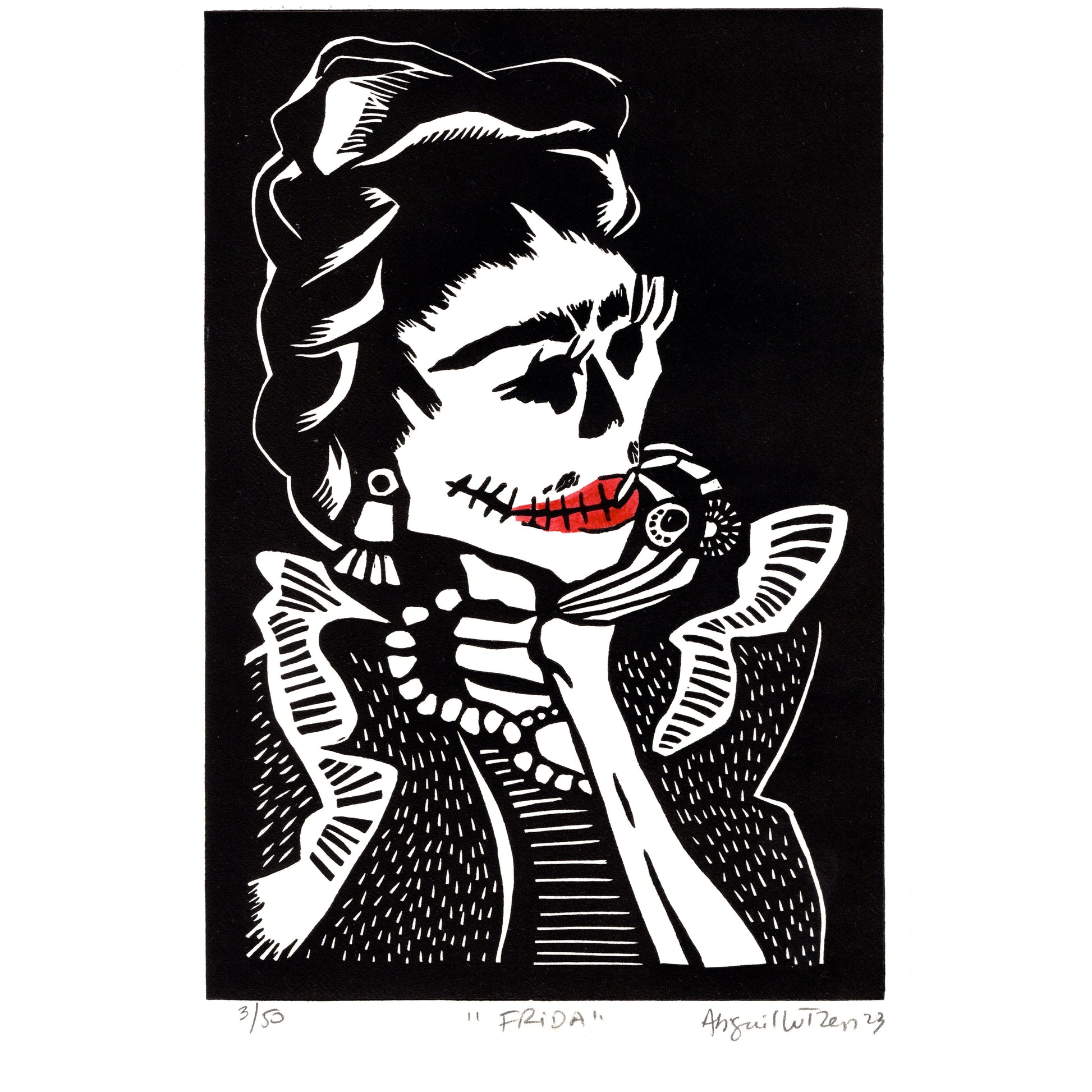 Frida linocut print by Abigail Lutzen