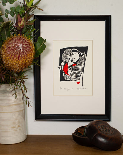 Milongas Love linocut print, framed and displayed