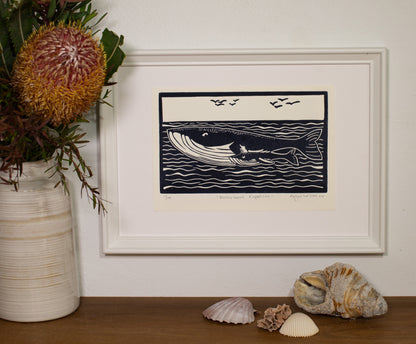 Motherhood Expedition linocut print, framed and displayed