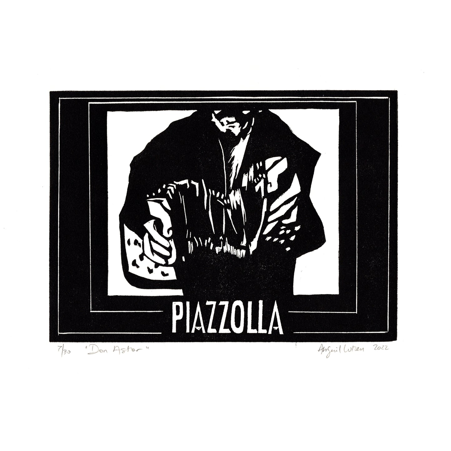 Piazzola Don Astor linocut print by Abigail Lutzen