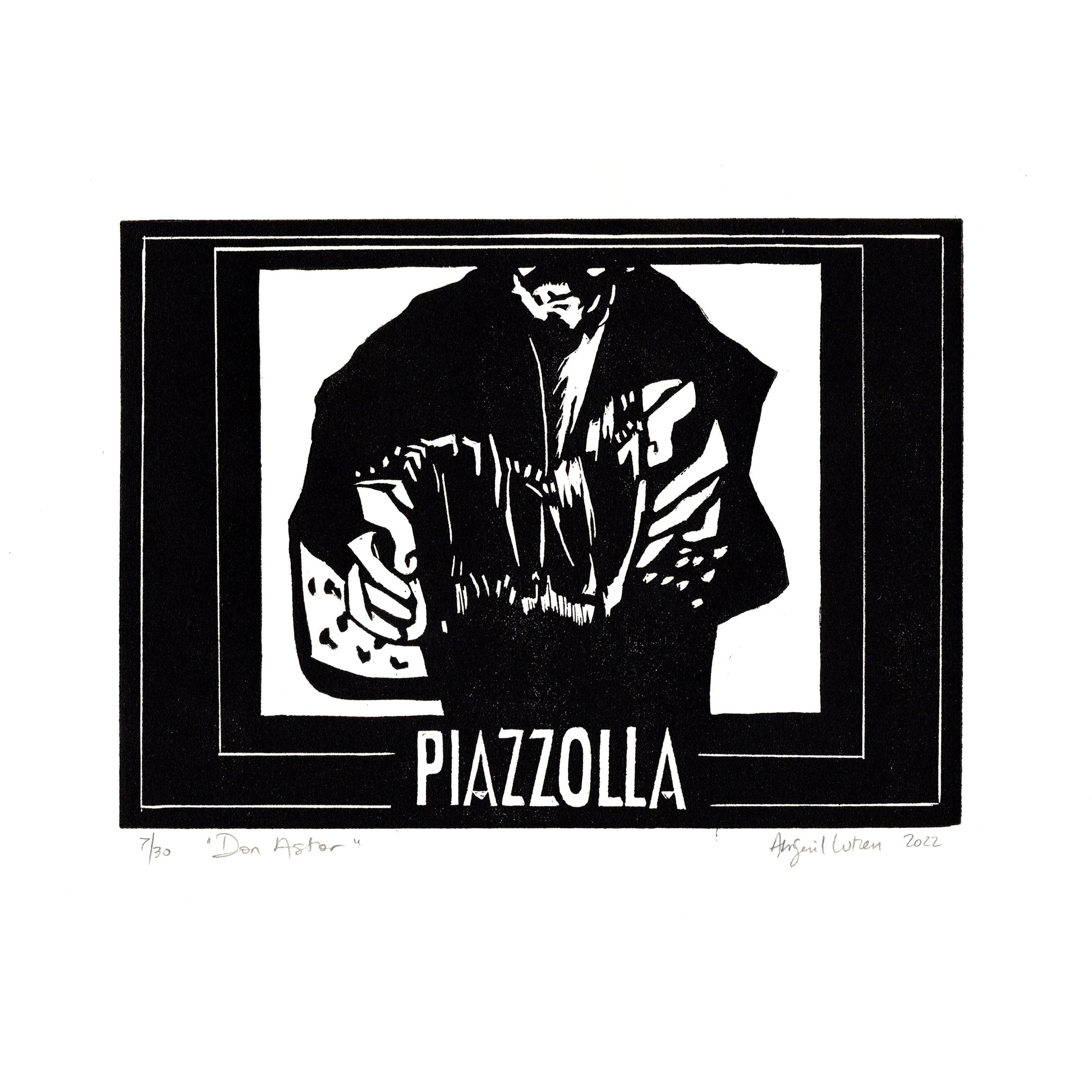Piazzola Don Astor linocut print by Abigail Lutzen