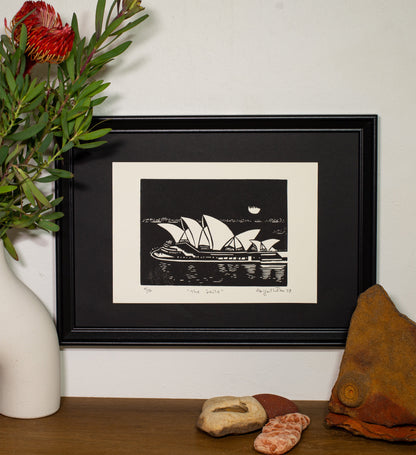 The Sails, Opera House linocut print, framed and displayed