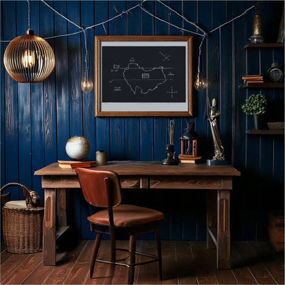 The UpsideDown(under) print framed above a desk in a dark blue study